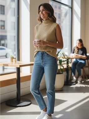 ST. JOHN COLLECTION Metallic Gold with turtle neck & zipper Sleeveless Top